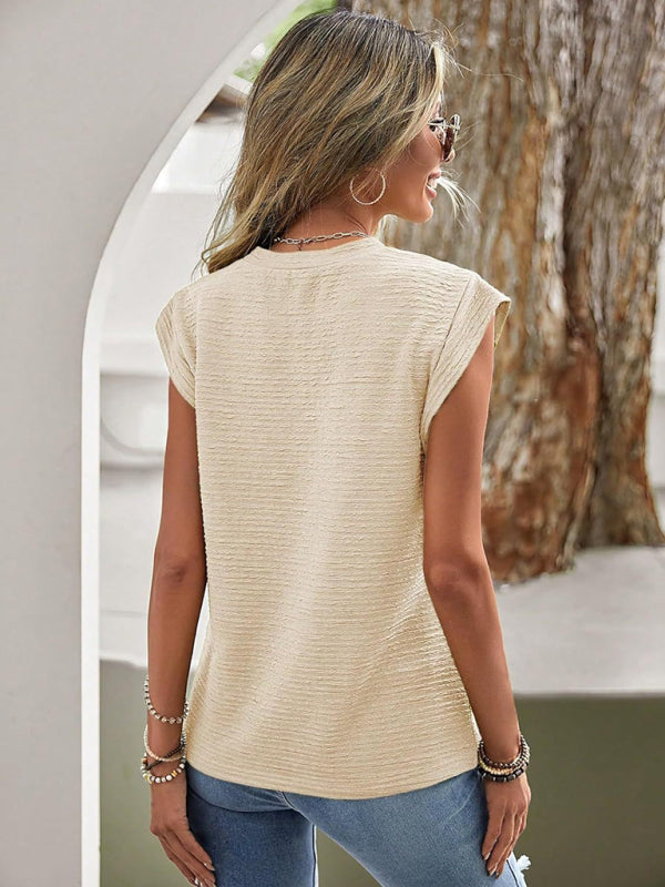 Women's Pleated Round Neck Short Sleeve T-Shirt - Fashion Casual Top