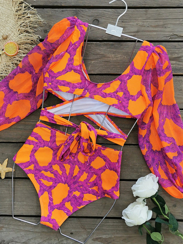 Modern Fashion Sexy Printed Vacation Long Sleeve Bikini Set
