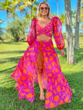 Modern stylish and sexy printed vacation long-sleeved bikini three-piece set (top + pants + skirt)