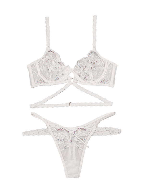 Women's Modern Sexy Flower Embroidered Lingerie Set Lace Thong Bra Three-Piece Set with Underwire