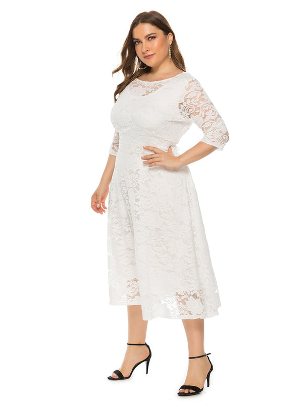 Plus size women's new evening dress bridesmaid dress lace pocket dress