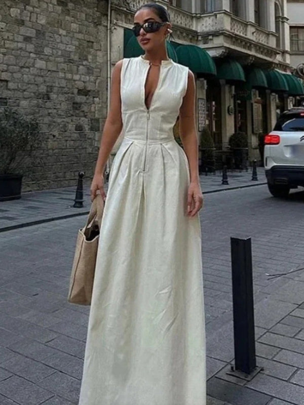 Modern Sleeveless V-neck Casual Temperament Commuter Waist Zipper Neck Dress
