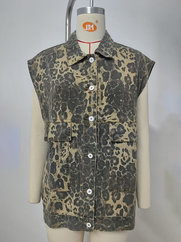 Leopard Print Denim Vest - Loose Fit Sleeveless Waistcoat