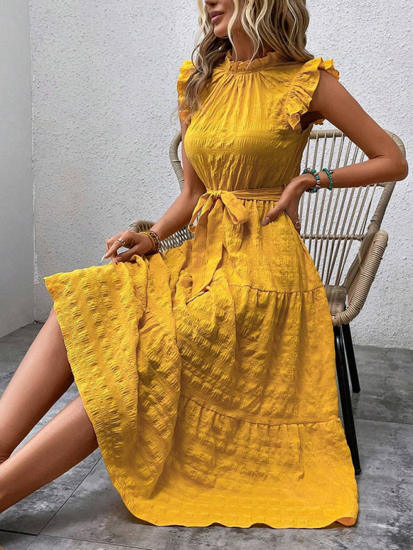 Ruffled Flying Sleeve Lace-Up Textured Dress - Spring Summer Fashion