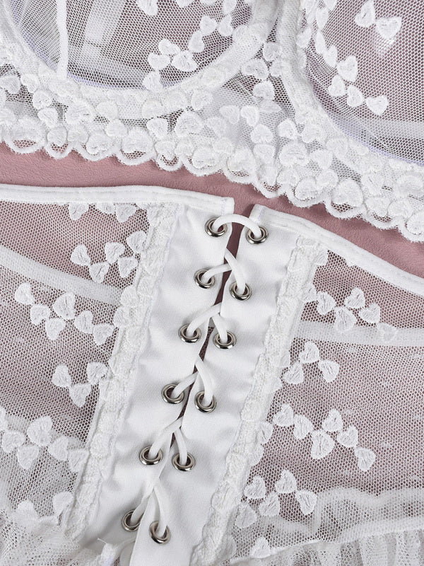 Embroidered lace-up waist-slimming multi-layered mesh skirt underwear set