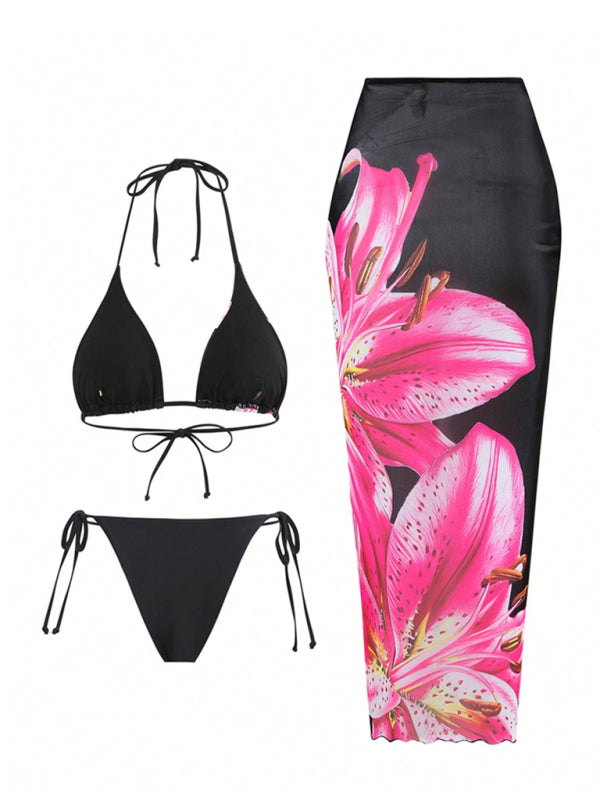 Retro flower print tropical skirt split strap beach three-piece set