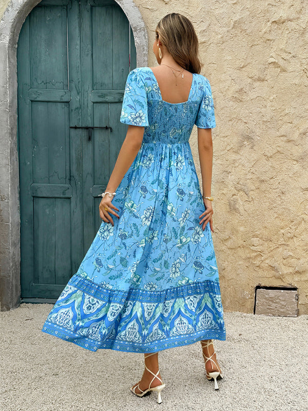 Holiday Light Blue Floral Print A-Line Maxi Dress