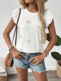 Casual Bowknot Round Neck Pullover Beaded Puff Sleeve T-shirt