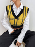 Checked V-Neck Vest - Knitted Sleeveless Sweater