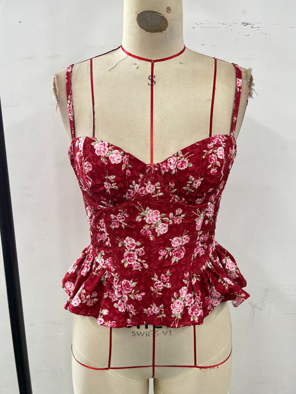 Floral Ruffled Backless Lace-Up Top - Sexy Summer Blouse