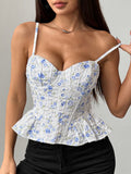Blue Floral Ruffled Backless Top - Lace-Up Irregular Design