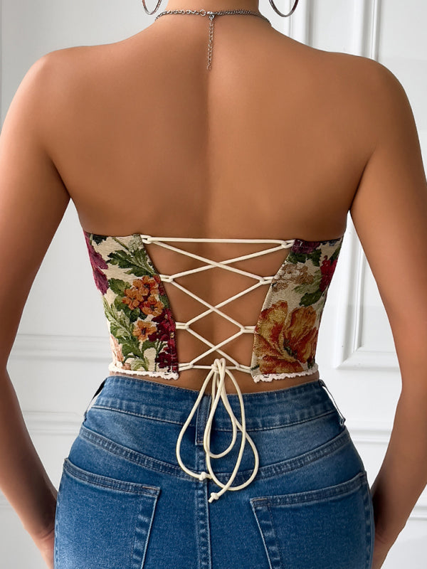 Floral Print Lace Chest Wrap Vest - French Style Fishbone Design