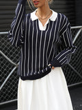 Striped Knit Sweater - Round Neck Polyester Pullover for Women