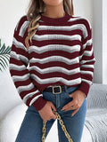 Striped Color Block Pullover Sweater - Long Sleeve Lantern Style