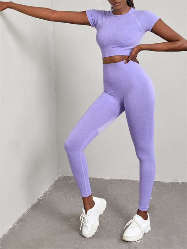 Women's Solid Color Seamless Exercise Yoga Short Sleeve & Pants Set