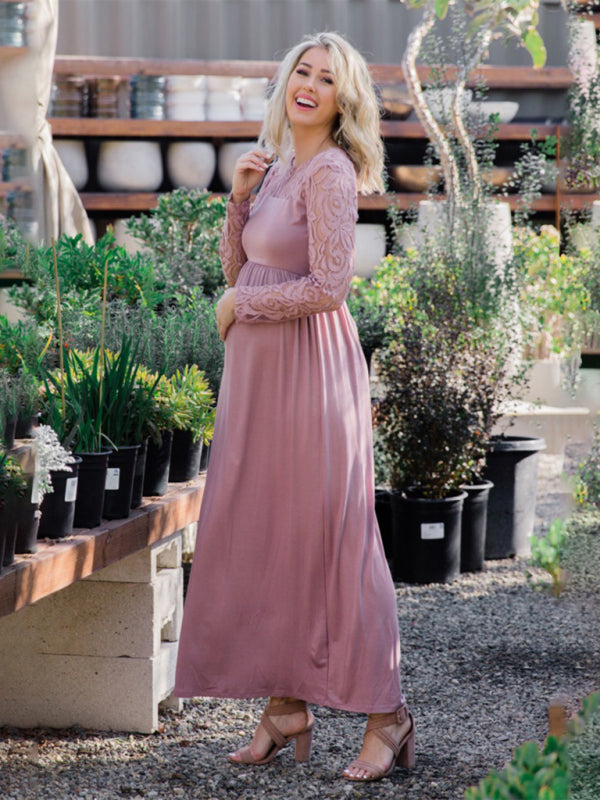 Maternity Lace Dress - Long Sleeve Round Neck Solid Color