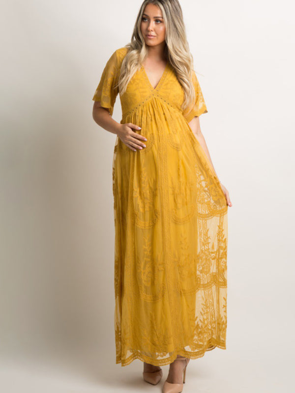 Maternity Lace Dress - Short Sleeve V-Neck High Waist Dress