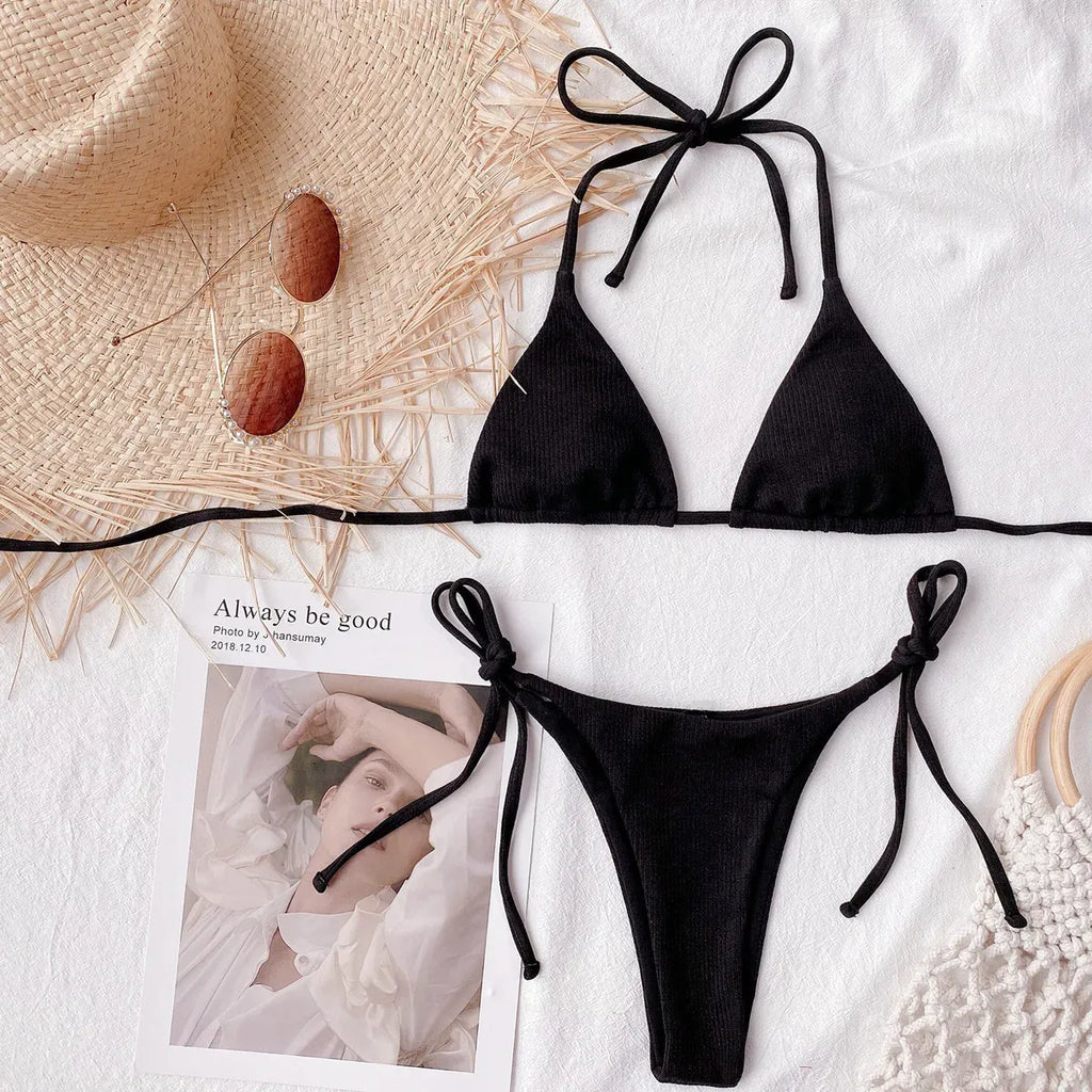 Ribbed String Bikini Set – Kawaii Halter Tie Beach Swimwear