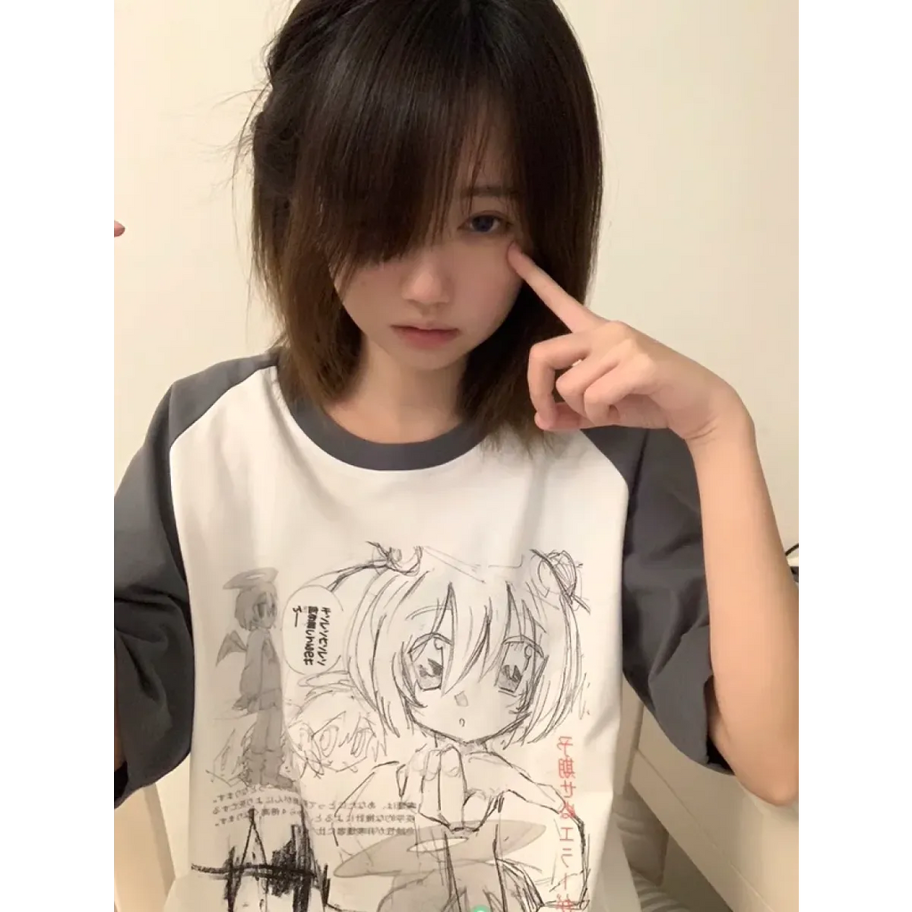 Loose Fit Cartoon Print T-Shirt Harajuku