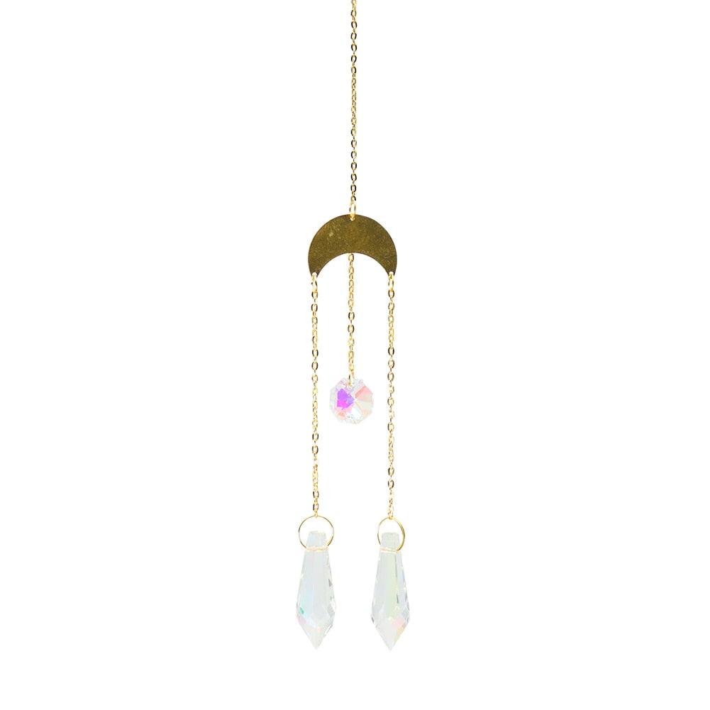 Metallic Hoop Moon Sun Wind Chimes Crystals Sun-catcher Ornament With Chakra Energy K9 Crystal Ball Prisms Hanging Rainbow Chaser Window Curtains Pendant Home Decor Gifts