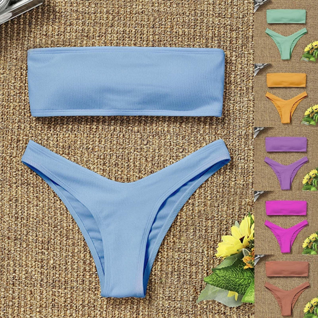 New Bikini High Waist Strapless Bikini Women Swimwear Women Swimsuit Padded Bathing Suit Pure Color Women's Bandeau Bikini Top-High Leg High Waist Bikini Bottom Set