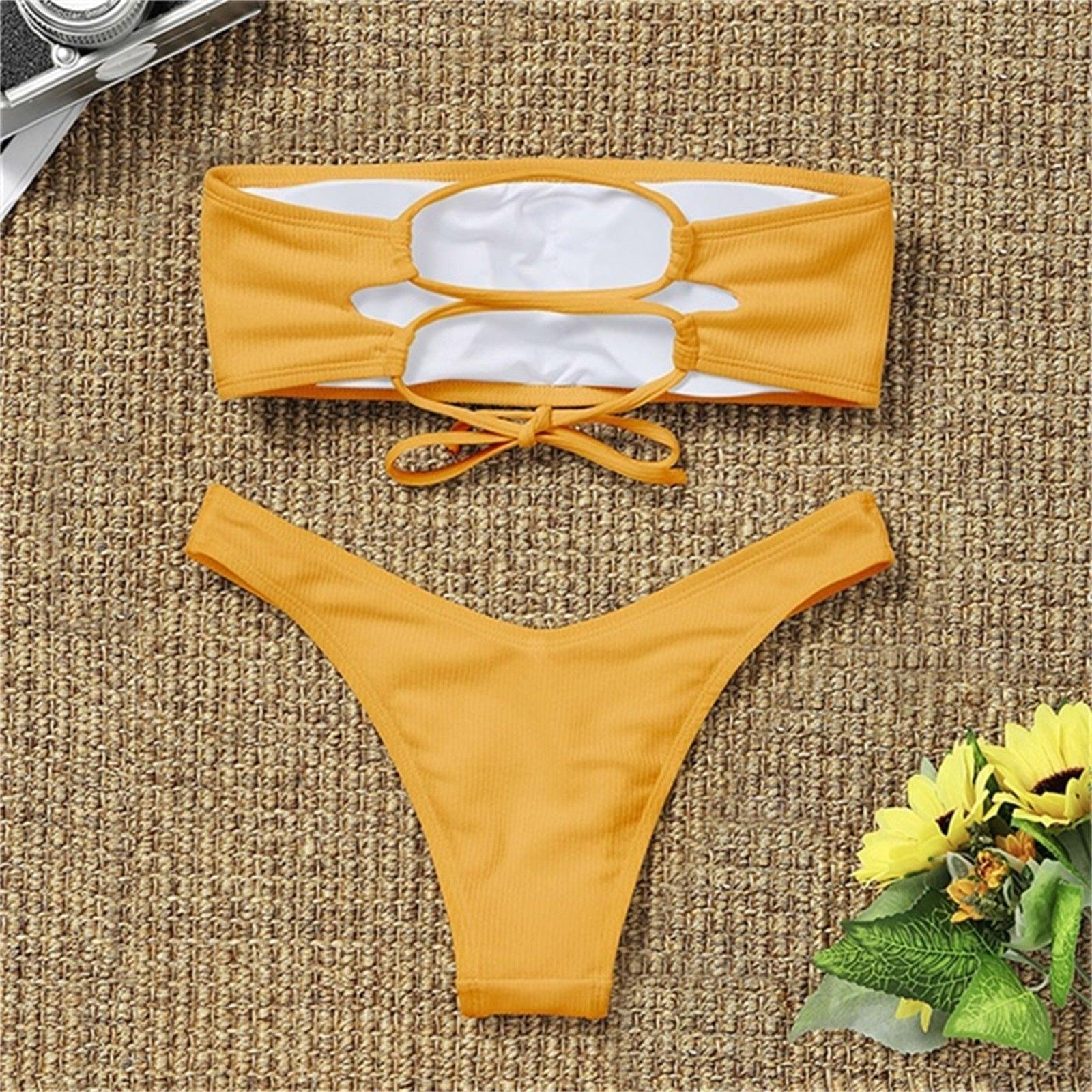 New Bikini High Waist Strapless Bikini Women Swimwear Women Swimsuit Padded Bathing Suit Pure Color Women's Bandeau Bikini Top-High Leg High Waist Bikini Bottom Set