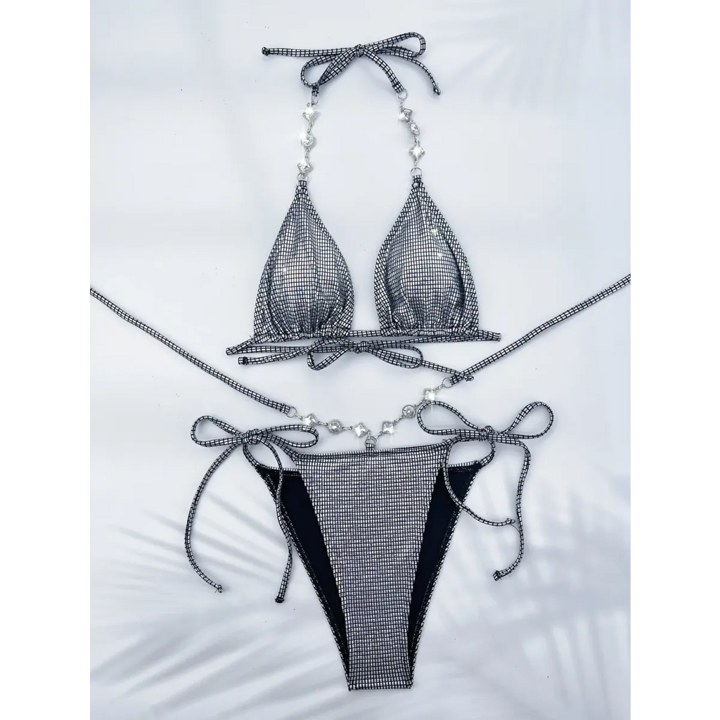 Rhinestone Halter Bikini Set – Glitter Tie Thong Swimwear