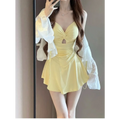 Ruched Knot Swimsuit Set – Korean Mini Dress with Sheer Cover-Up