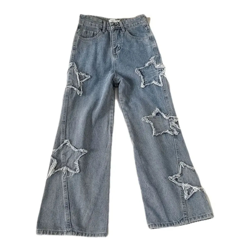 Star Patch Ripped High Waist Straight Leg Jeans – Women's Loose Fit Denim