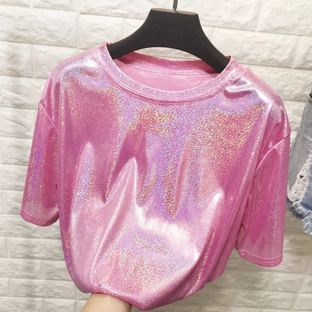 Summer Retro Bright Silk Loose Short Sleeve Top