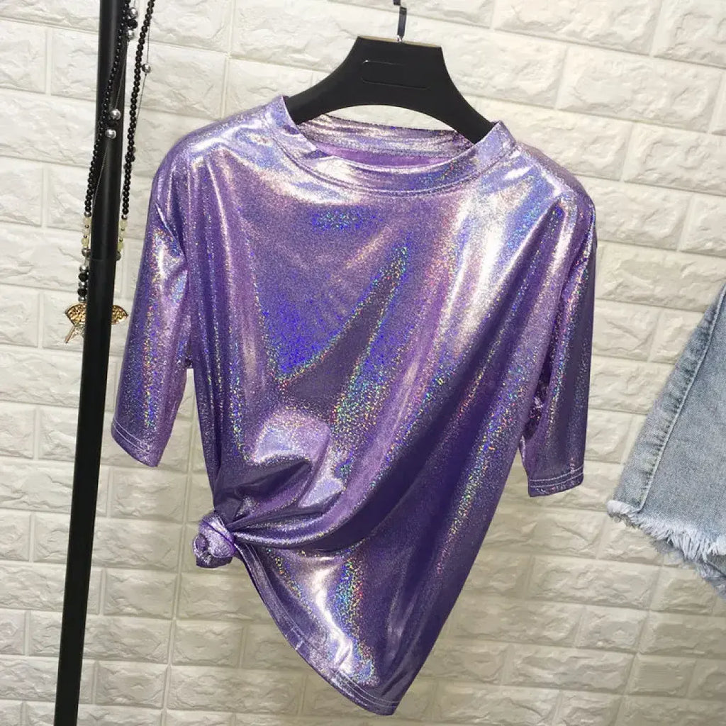 Summer Retro Bright Silk Loose Short Sleeve Top