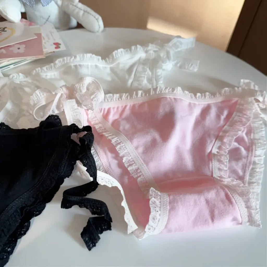 Sweet Lolita Ruffle Lace-Up Cotton Panties – Soft Breathable Briefs