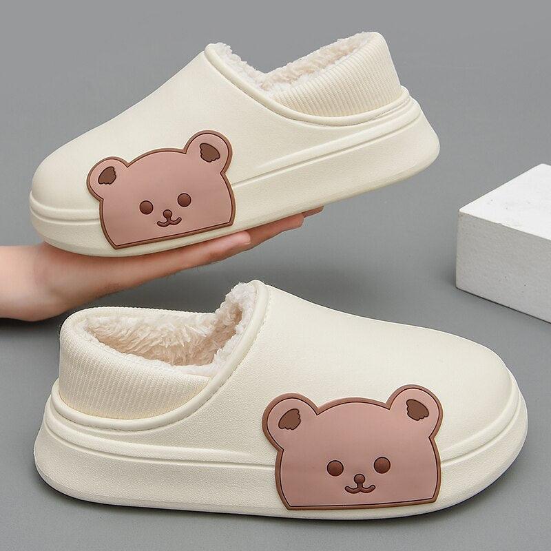 Thick Platform Winter Women Waterproof Non-Slip Home Rubber Slippers Warm Indoor Fur Cotton Women's Cozy Memory Foam Closed Back Slippers Wool-Like Blend Cotton House Shoes