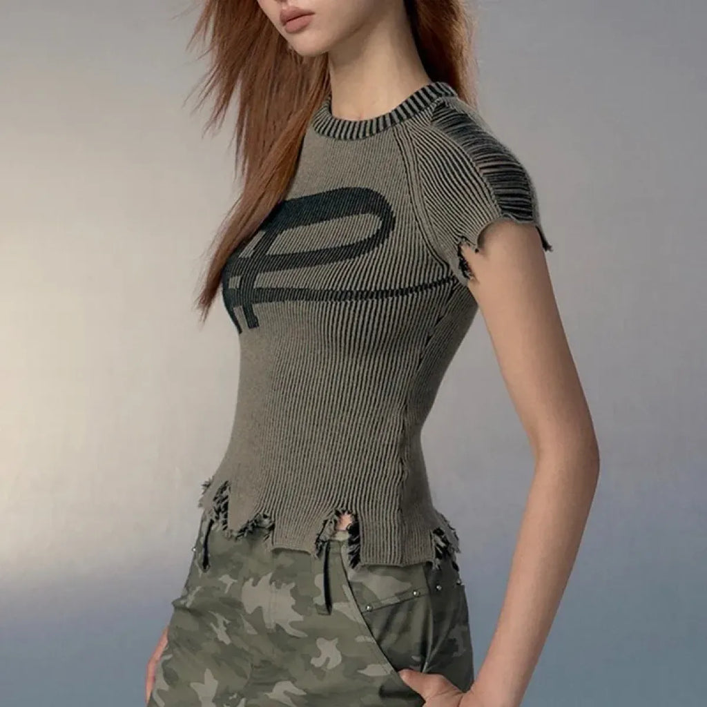 Vintage Distressed Knitted Top - Grunge Aesthetics Crop Tee