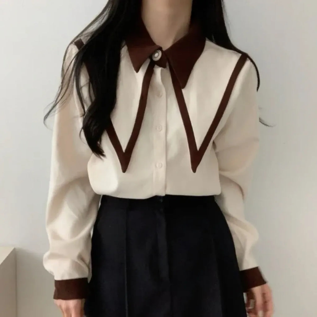 Vintage Peaked Collar Blouse – Elegant Puff Sleeve Button-Up Shirt