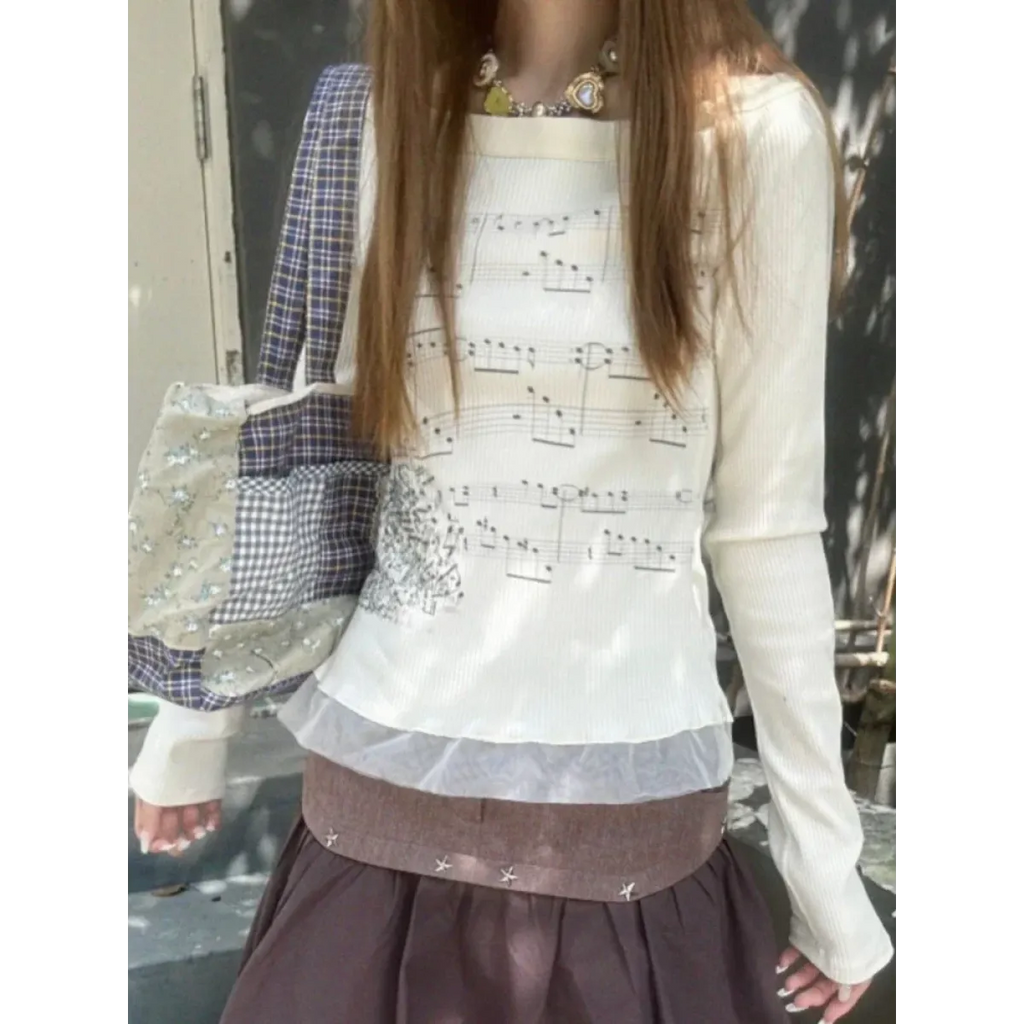 Y2K Aesthetic Long Sleeve Crop Top – Lace Grunge Print T-Shirt