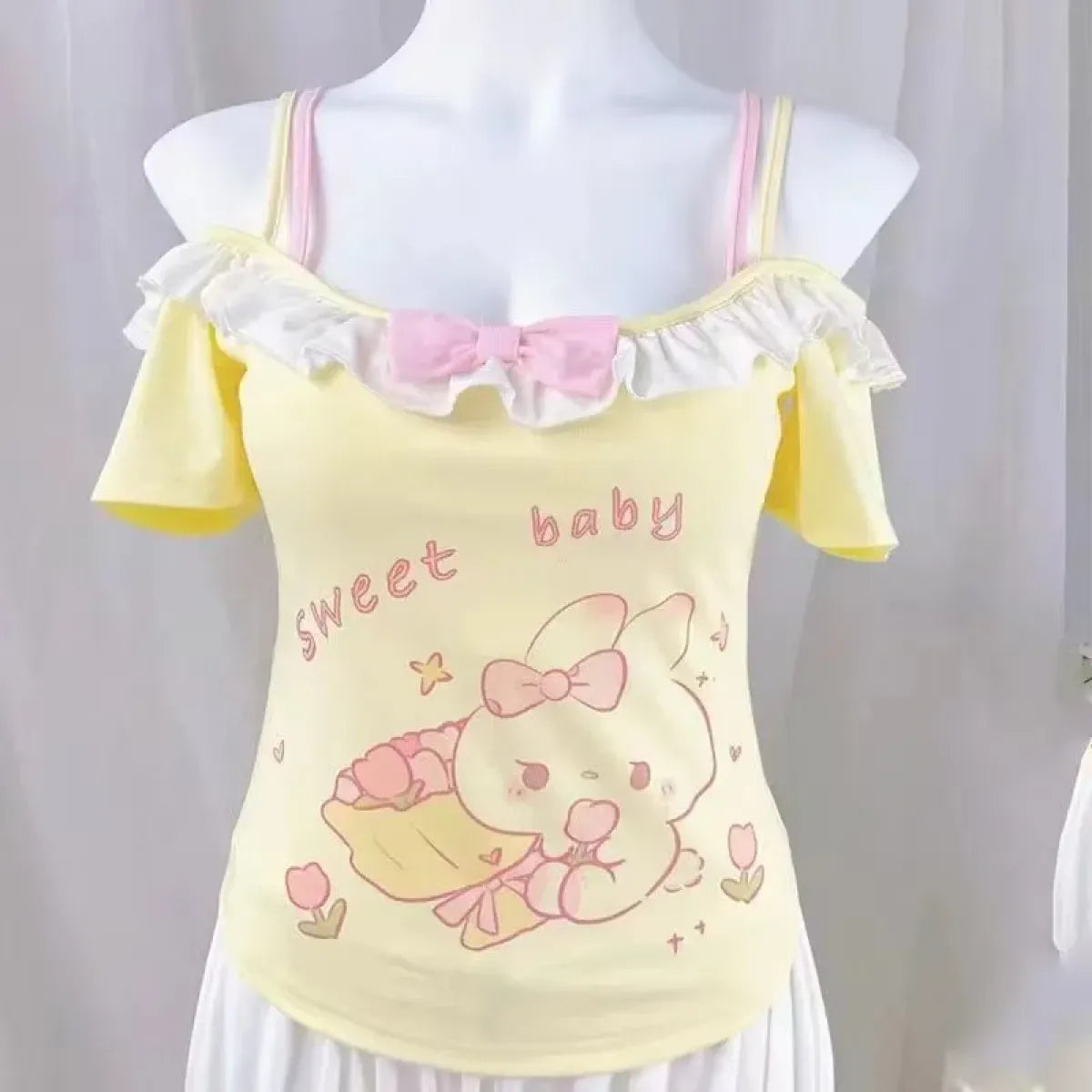 Kawaii Off-Shoulder Top – Ruffle Trim & Bunny Print