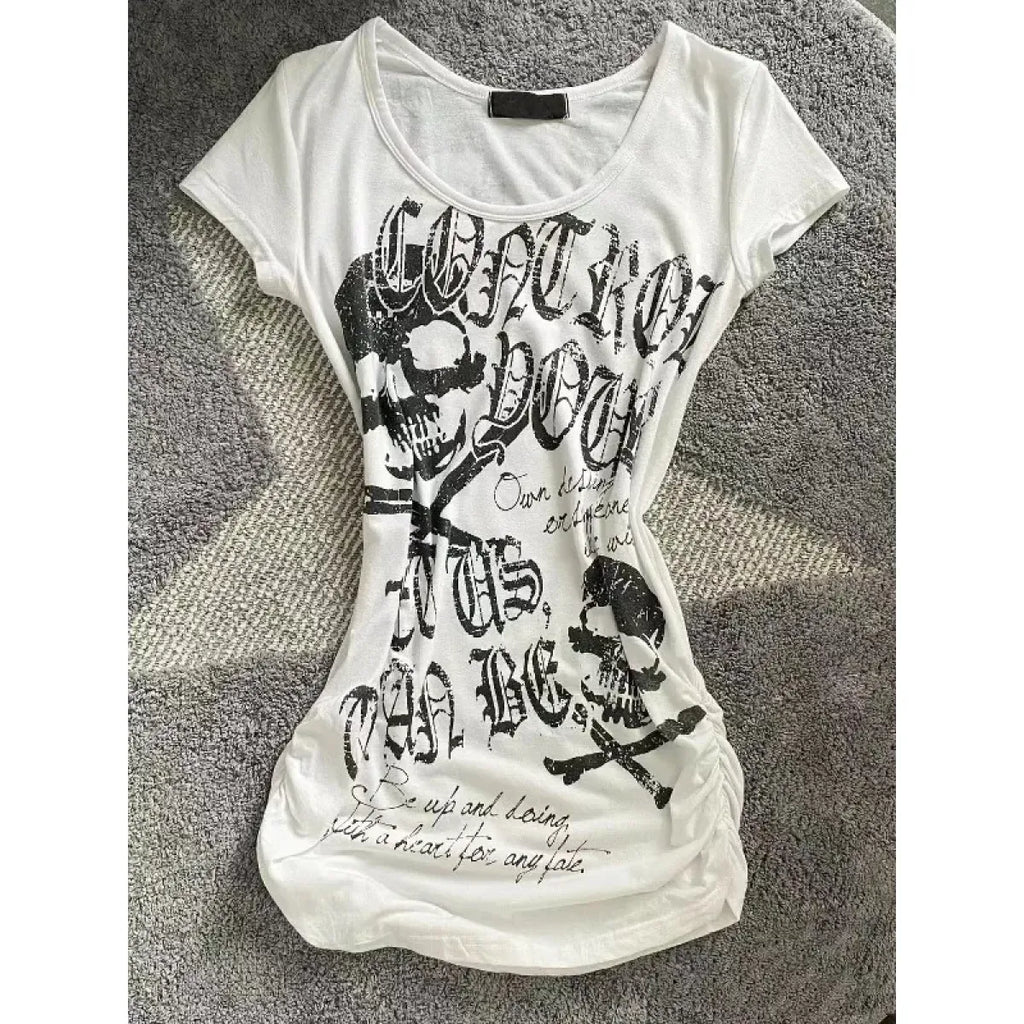 Y2K Gothic Punk T-Shirt – Skeleton Print Slim Fit Tee